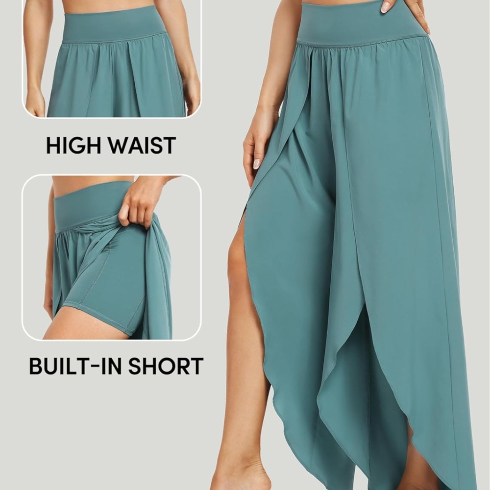 High Waist Teal Palazzo Pants with Built-In Shorts